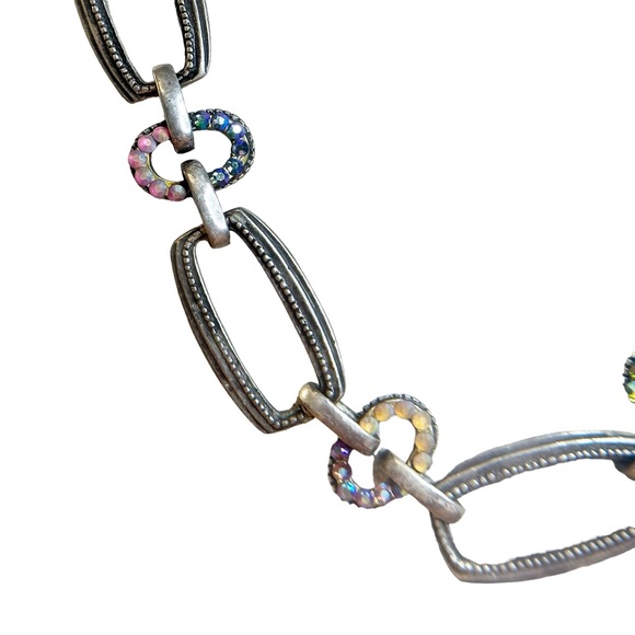 Chico's AB Rhinestone Pewter Rectangle Chain Link Statement Necklace - Picture 2 of 7